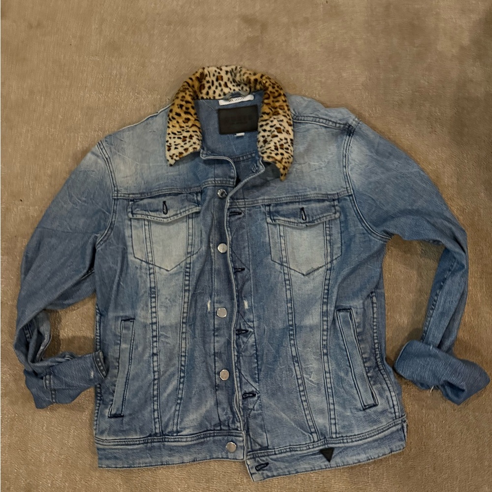 Guess Blue Denim Jacket with Leopard Print Collar